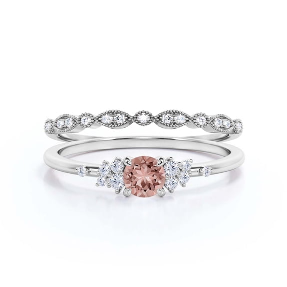 Salt And Pepper Minimalist 1.25 Carat Round Cut Morganite And Diamond Moissanite Engagement Ring, Dainty Wedding Ring in 10k Solid White Gold, Promise Ring, Anniversary Ring, Bridal Set, Matching Band