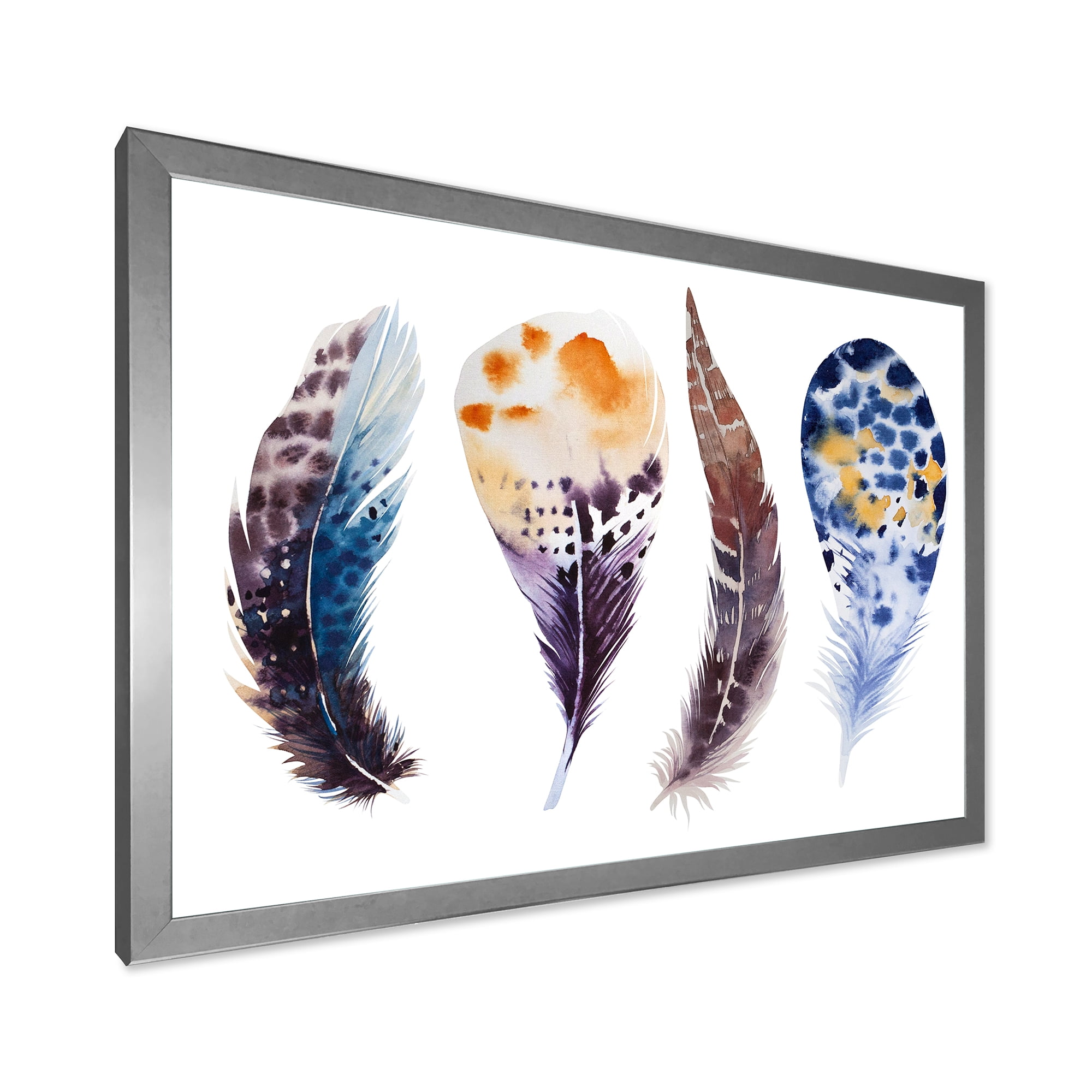 Designart 'Colourful Boho Feather Set On White VIII' Bohemian & Eclectic Framed Art Print