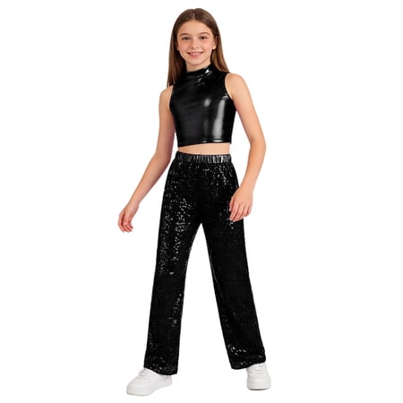 YiZYiF Girls Metallic Shiny Crop Tank Tops with Sequin Pants for Disco Party Jazz Hip Hop Street Dance Outfits Black 12