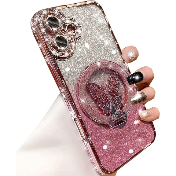 Magnetic Kickstand Glitter Case for iPhone 17,[Compatible with Magsafe] Cute Bling Sparkly Diamond Rhinestones with Camera Lens Protector &Butterfly Stand Women Girls Case for iPhone 17, Pink