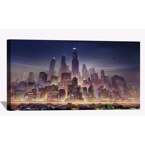 Metropolis City Wall Art City Skyline Picture Canvas Art Downtown Night Framed Painting Wall Decor For Home Office Bedroom Livingroom Ready to Hang