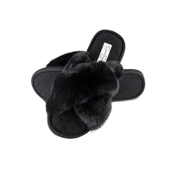 Jessica Simpson Womens Plush Cross Band Plush Memory Foam Slide Slipper