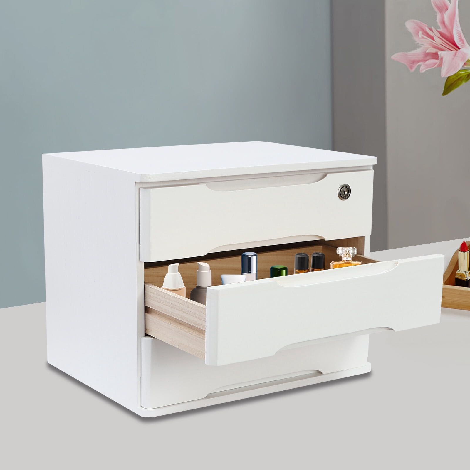 ToppiJoy 3-Tier Wooden Desktop Storage Box with Lockable Drawers, Modern Tung Wood Desk Organizer, Bamboo Storage with Keys (White)