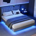 thumbnail image 3 of Full Size Floating Bed Frame with LED Lights, Upholstered Platform Full Bed Frame with Charging Station & Storage Headboard, No Box Spring Needed, Gray, 3 of 9