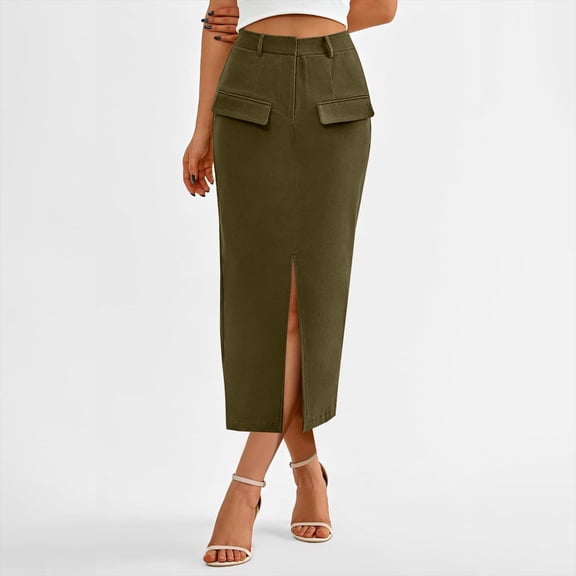 BRGZLK Cotton Skirt Women Spring Summer 2026 High Waisted Solid Color Elegant Office Casual Slit Bodycon Pencil Midi Skirts with Pocket for Business Office Army Green XXL