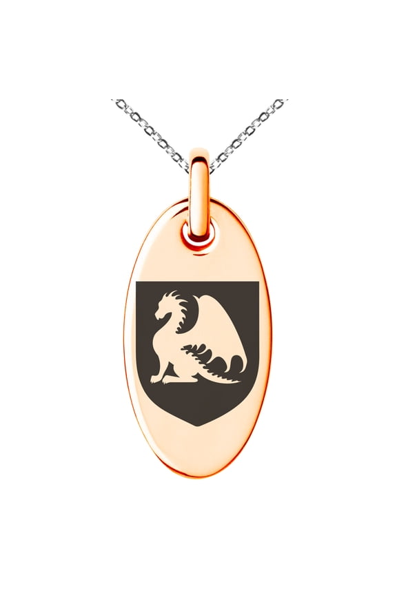 Stainless Steel Dragon Guardian Coat of Arms Shield Engraved Small Oval Charm Pendant Necklace