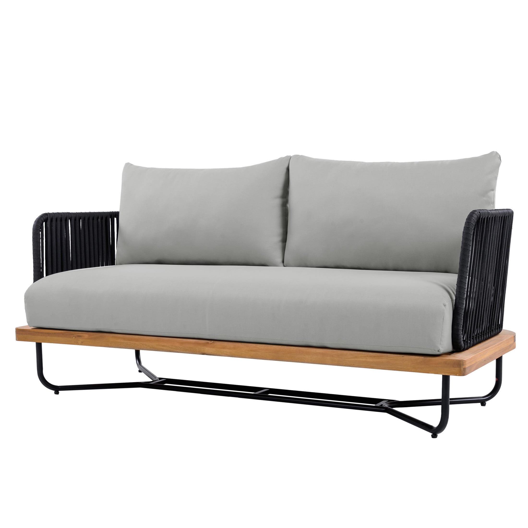 Christopher Knight Home Coastal Outdoor Loveseat and Table Set, Black Rope Woven, Light Gray Cushion