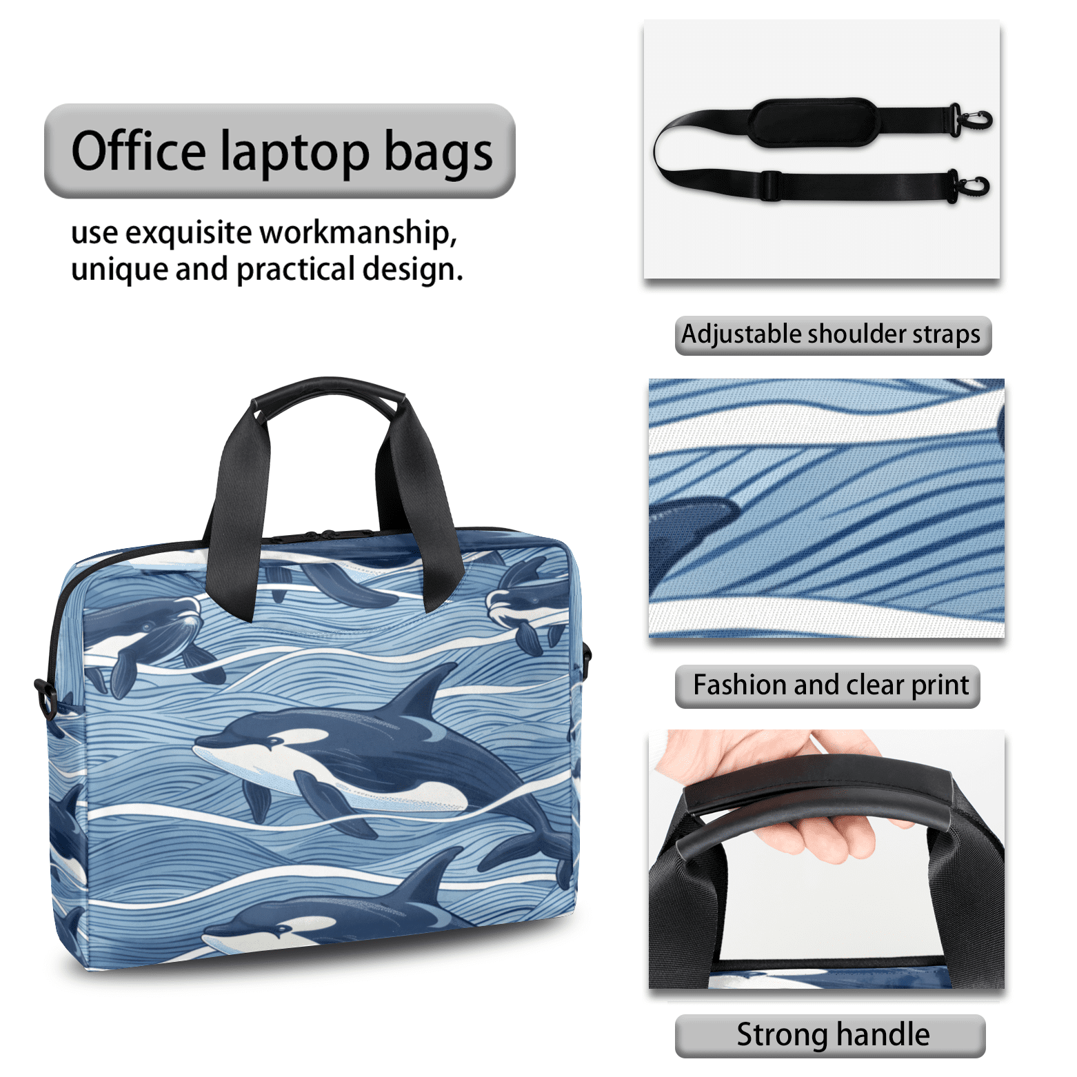 Herdesigns Dolphin Laptop Bag for Women Men, Computer Case Briefcase Messenger Bags, 15-15.6 inch Laptop Sleeve Shoulder Bag