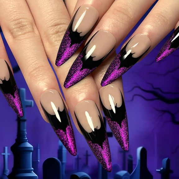 RAGUPEL Halloween Stiletto Press on Nails Long Almond French Purple Nails with Black Bats Design Full Cover Press on Nail for Women Halloween Party Manicure 24Pcs