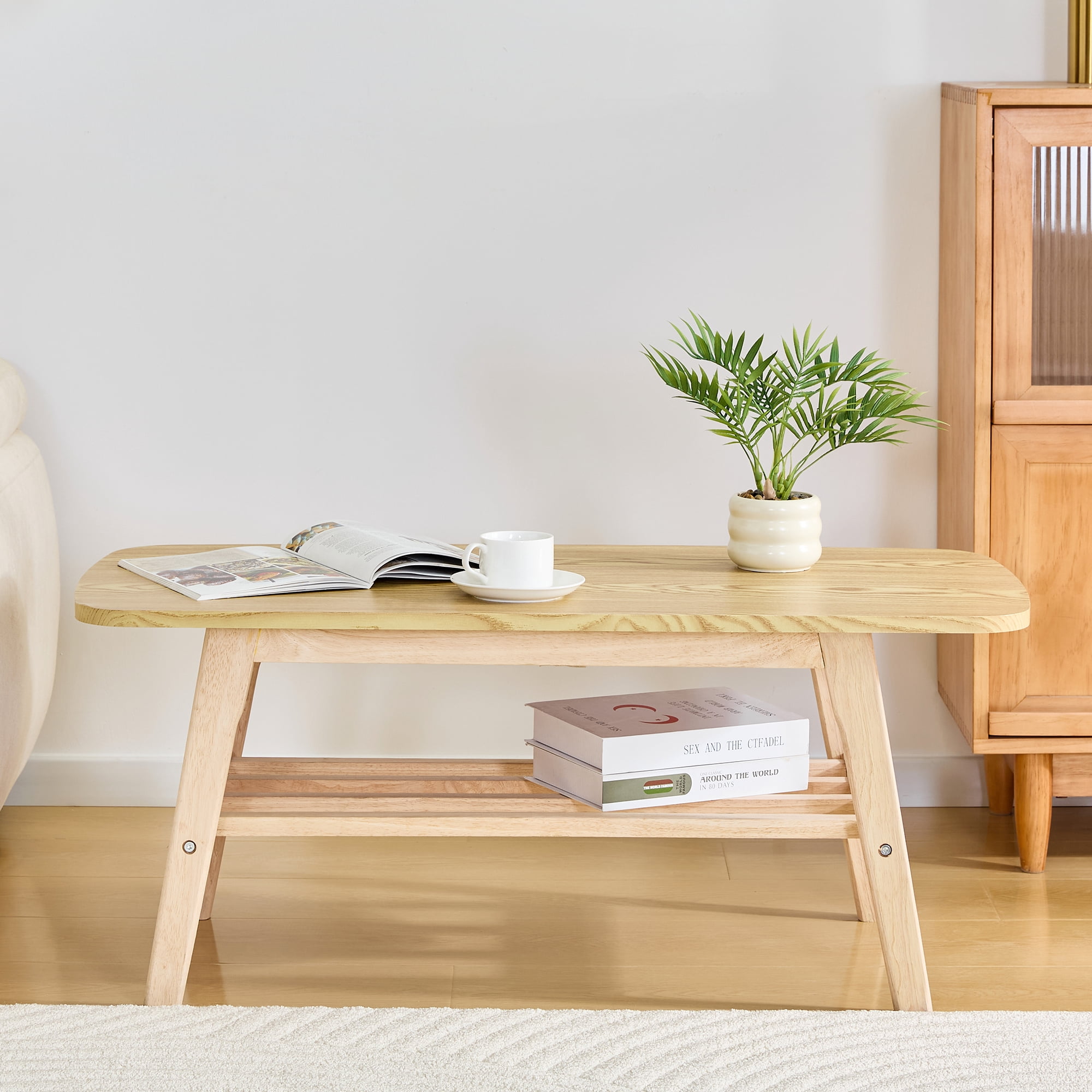 39 Inch Solid Wood Coffee Table, Double-Layer Storage Center Table, Modern Wooden Accent Table for Living Room Apartment Office