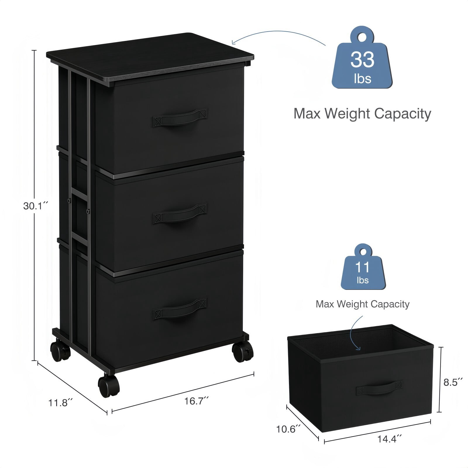 Kelno 3 Drawers Rolling Fabric Dresser Mobile Nightstand Storage Cabinet with Wheels, Black