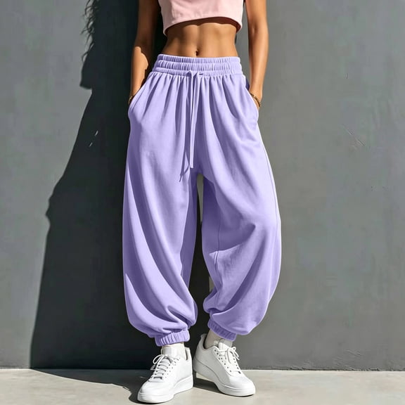Mifsaly Womens Baggy Joggers Drawstring High Waisted Sweatpants Fashion Comfortable Loose Fit Lounge Gym Workout Casual Winter Activewear with Pockets Purple,S