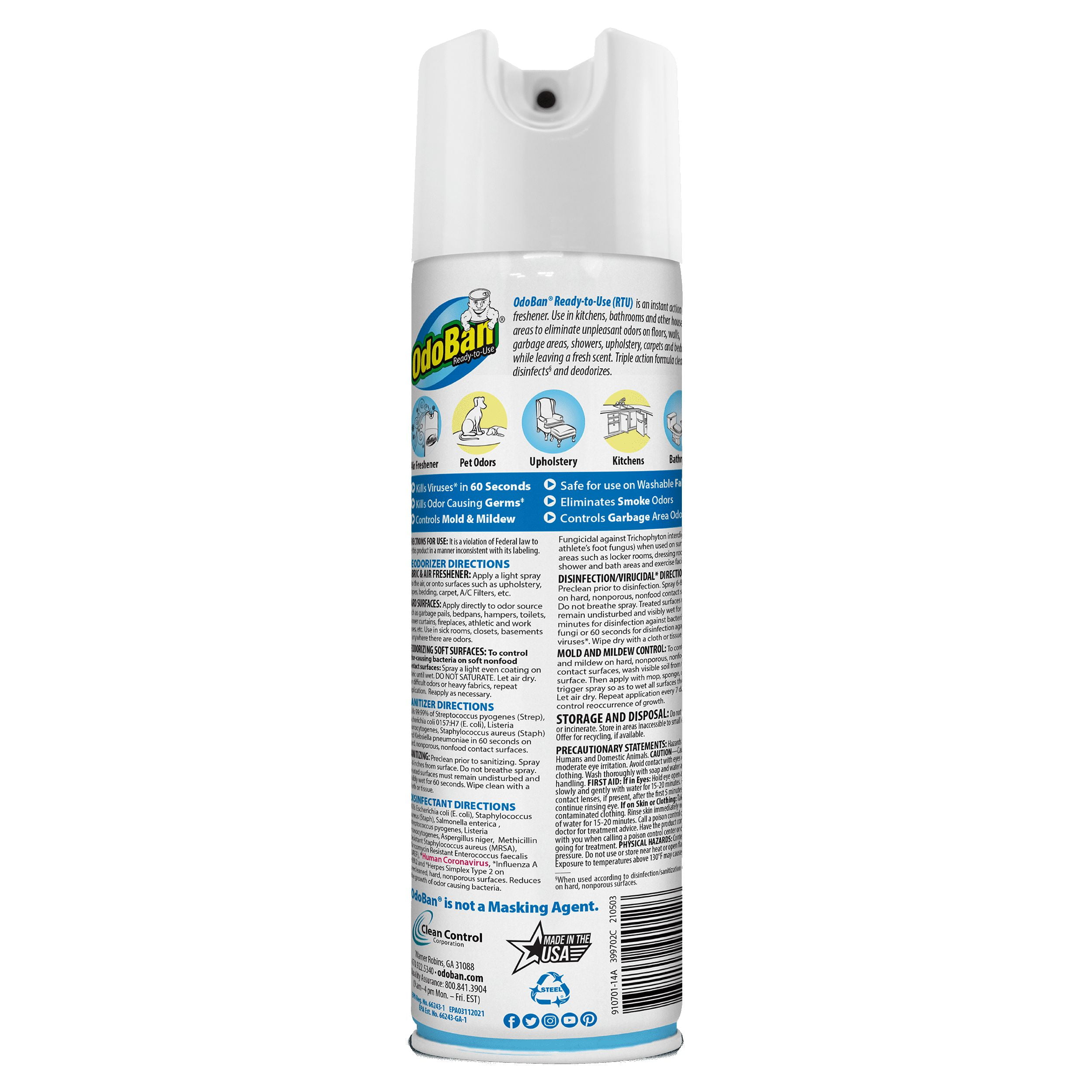 OdoBan Ready-to-Use 360-Degree Continuous Spray Disinfectant Cleaner and Odor Eliminator, Fabric and Air Freshener, 6 Pack, 14.6 Ounces Each, Fresh Linen Scent