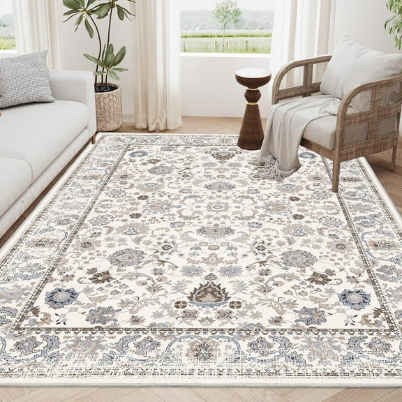 Rugs Area Rug 6x9 Vintage Bohemia Non-slip Washable Rug For Living Room Kitchen Bedroom Living Room Flower Design Light Khaki/Beige,Area Rugs