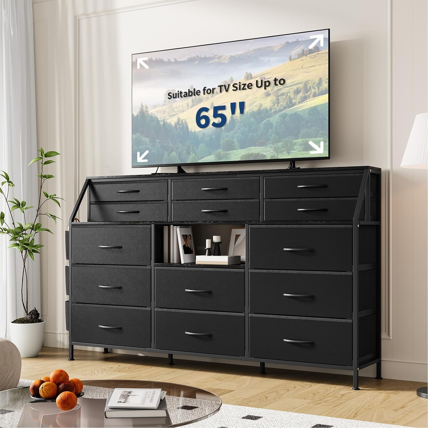 Dresser for Bedroom with 14 Drawers, 55" W Dresser with Side Pocket, Fabric Dressers & Chests of Drawers with Shelves, Sturdy Frame, Wood Top