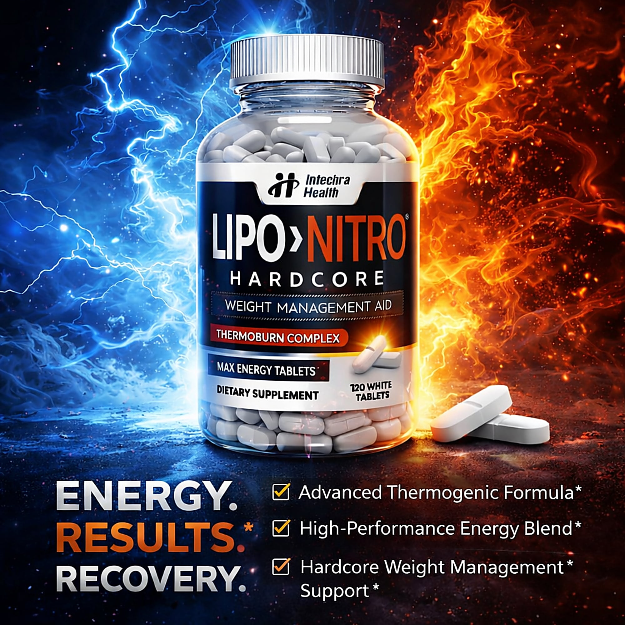 LIPO>Ni-TRO Best Diet Pills for Weight Management & Powerful Energy - 120 White Tablets