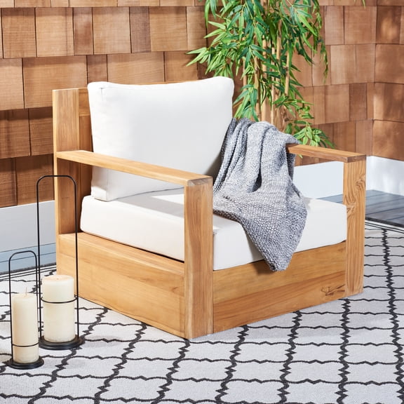 SAFAVIEH Couture Kauai Modern Brazilian Teak Wood Solid Patio Chair, Natural/Beige