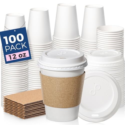 Fit Meal Prep 100 Pack 12 oz Disposable Coffee Cups with Lids, Sleeves, Leak-Proof To Go Coffee Cups with Lids, Durable Hot Paper Cups for Hot Cocoa and Coffee Bar Supplies