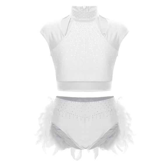 inlzdz Kids Girls Sparkly Hip Hop Jazz Ballet Dance Outfit Lyrical Dancewear Cutout Crop Top And Feather Brief Skirt White 8