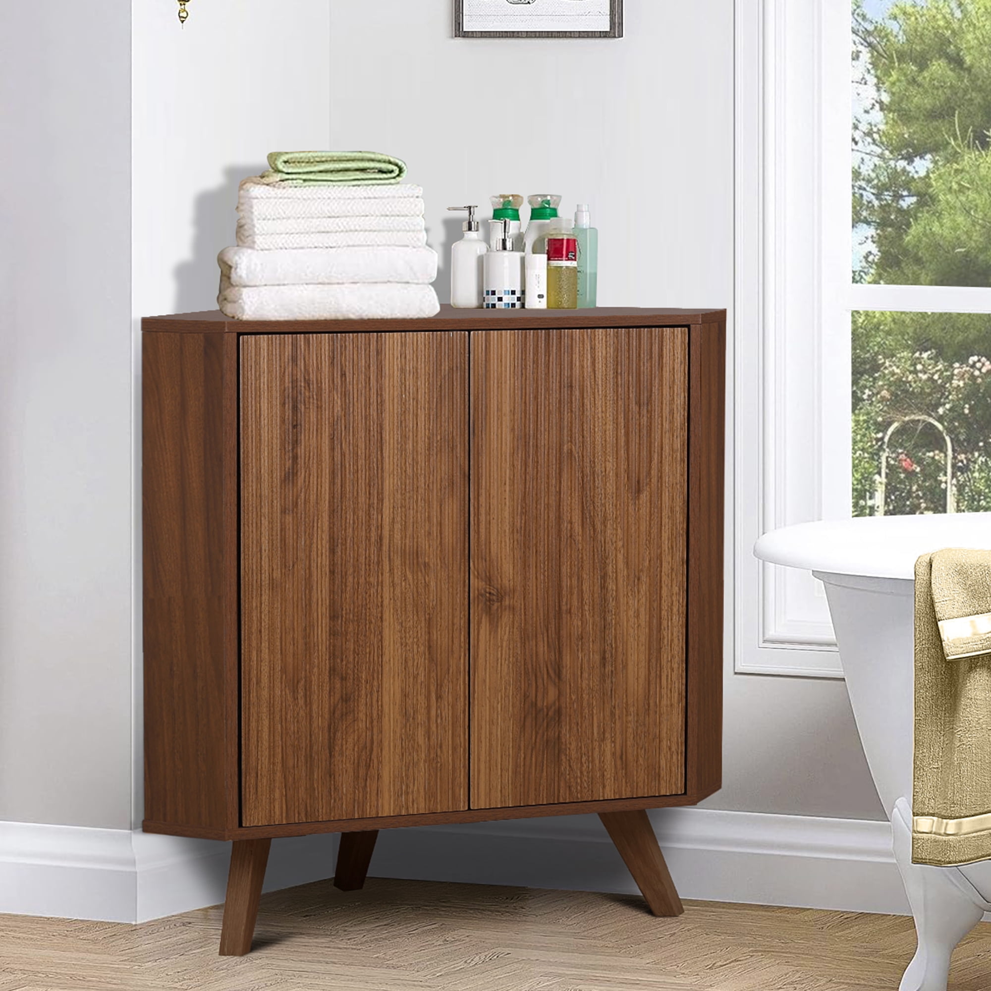 Weselon Triangular Corner Storage Cabinet with 2 Doors for Bathroom, Floor Corner Storage Cabinet, Freestanding Corner Cabinet , Brown