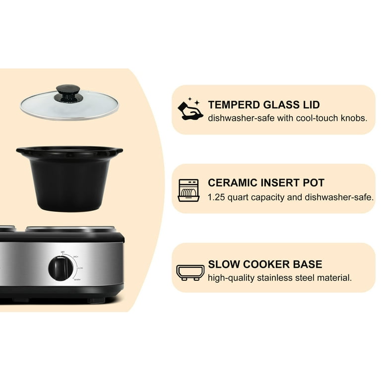  Double Slow Cooker, Buffet Servers and Warmers, Dual 2 Pot Slow  Cooker Food Warmer, Adjustable Temp Dishwasher Safe Removable Ceramic Pot  Glass Lid, 2 x 1.25 QT Portable Small Crock Cooker