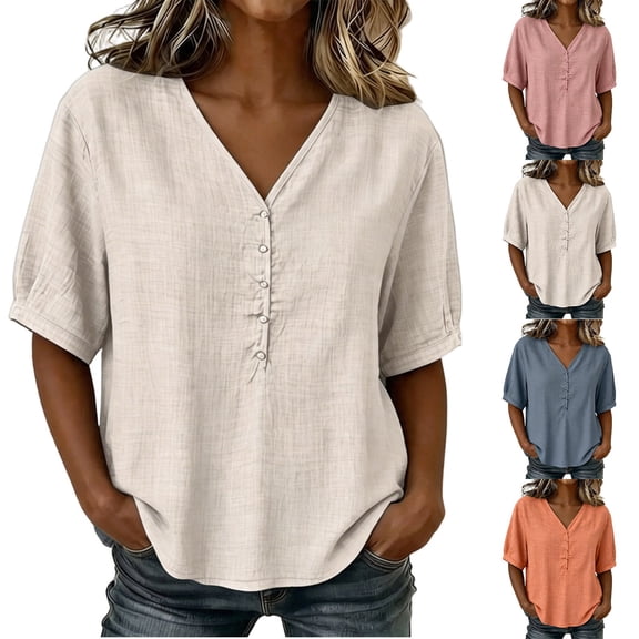 Zynoxe Womens Casual Cotton Linen Tops for Daily Wear Solid Color Button V-neck Short Sleeve Tops Peasant Gauze Loose Versatile Plus Size Tops White M