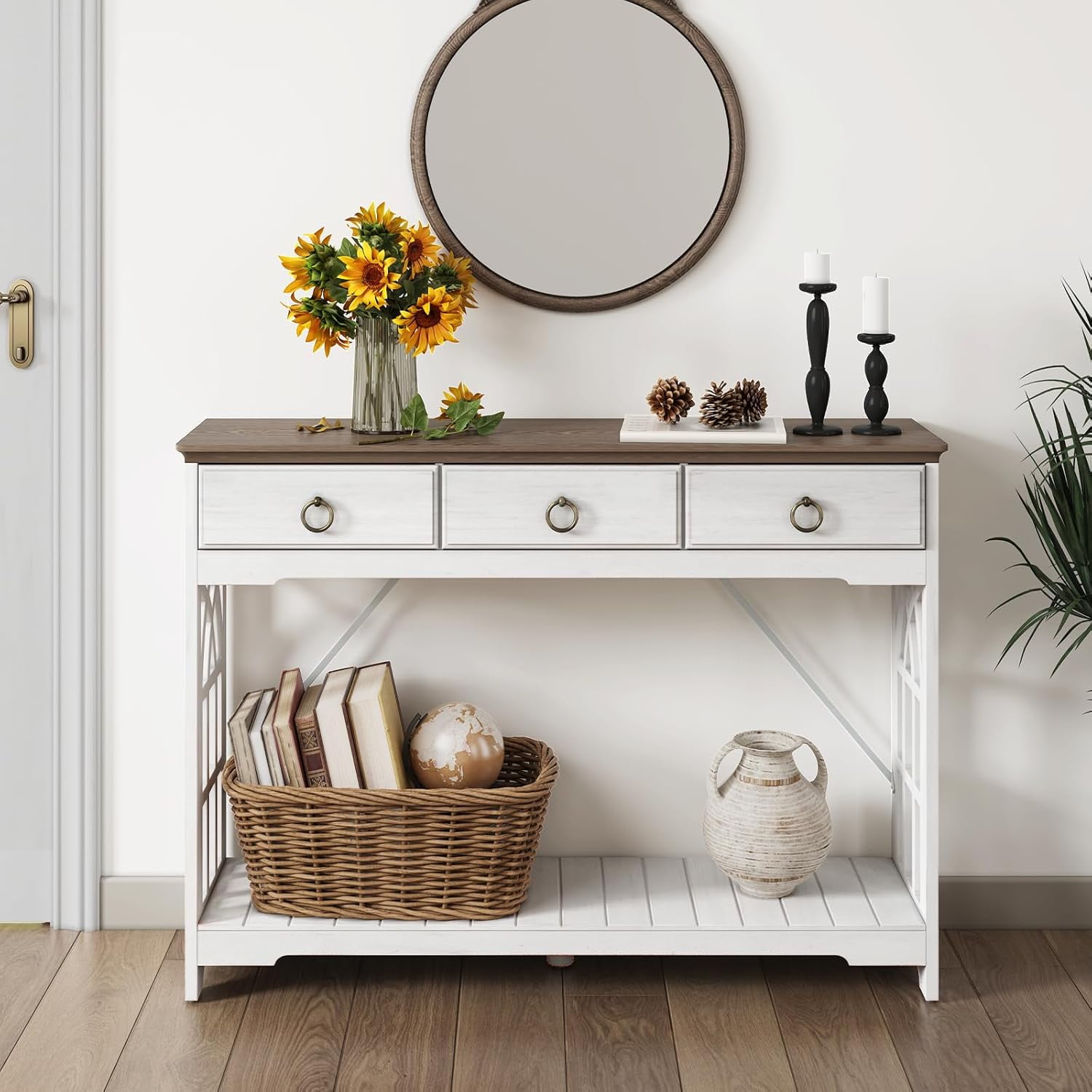 JOINICE Farmhouse Entryway Table with Drawers and Shelf,Long Console Table with Wood Leg,Sofa Table for Living Room,Hallway,White