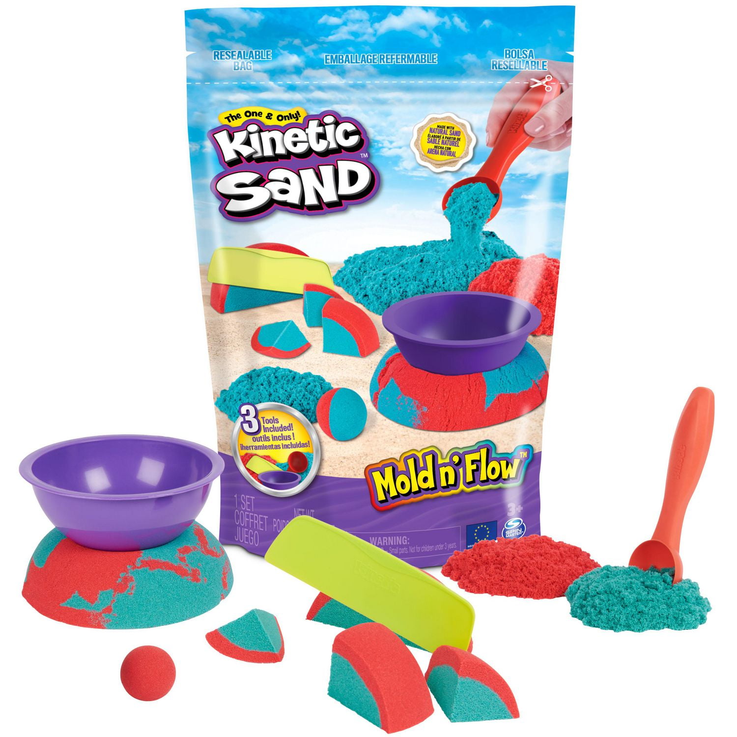 Kinetic Sand, Mold n' Flow, 680 g de sable rouge et turquoise, 3 outils, jouets sensoriels pour enfants à partir de 3 ans