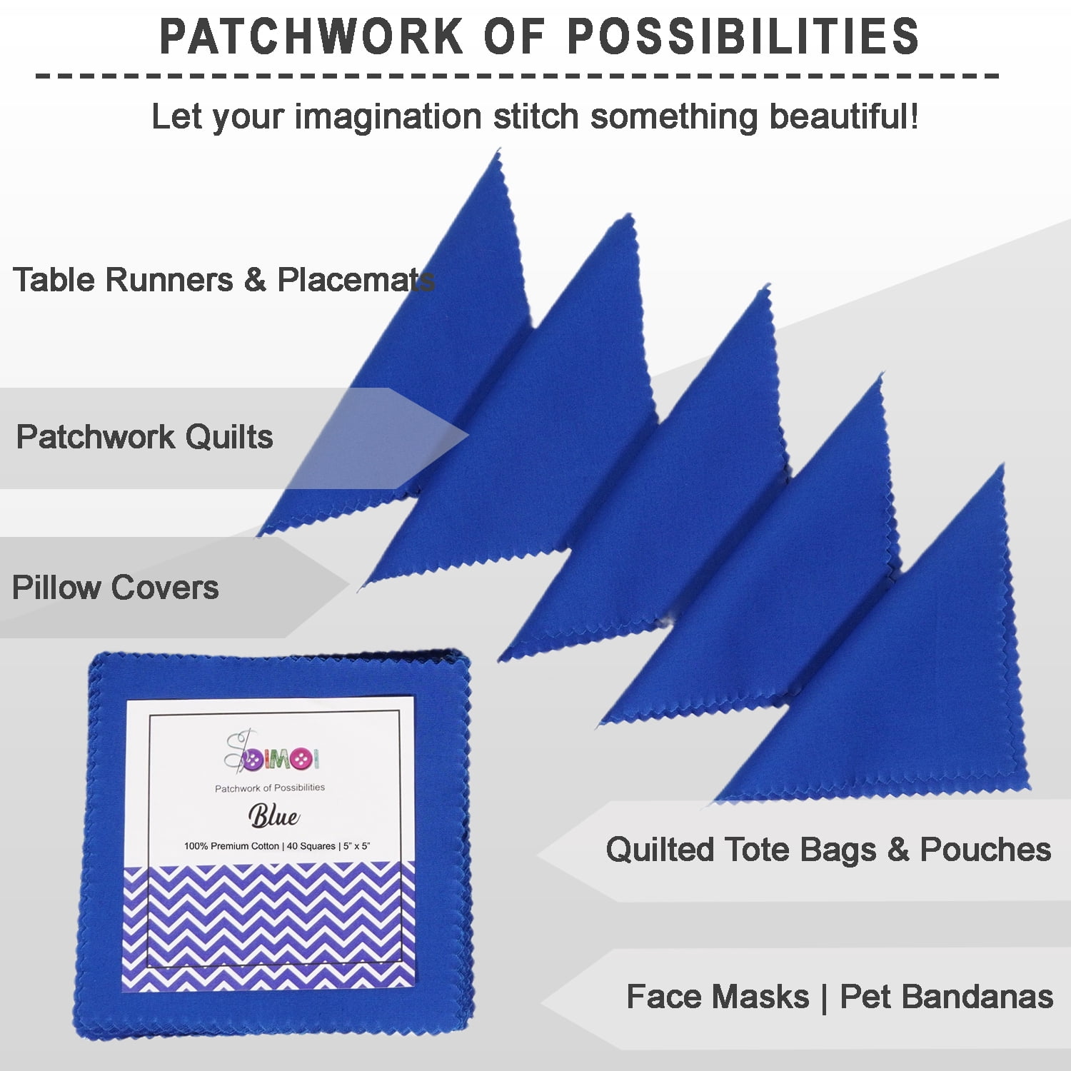 Soimoi 40 Pcs 5 X 5 inches Solid Quilting Fabric Bundles Precut, DIY Cotton Fabric Squares, Solid Layer Cakes Patchwork Materials for Crafts, Charm Squares for Quilts, Sewing - Blue