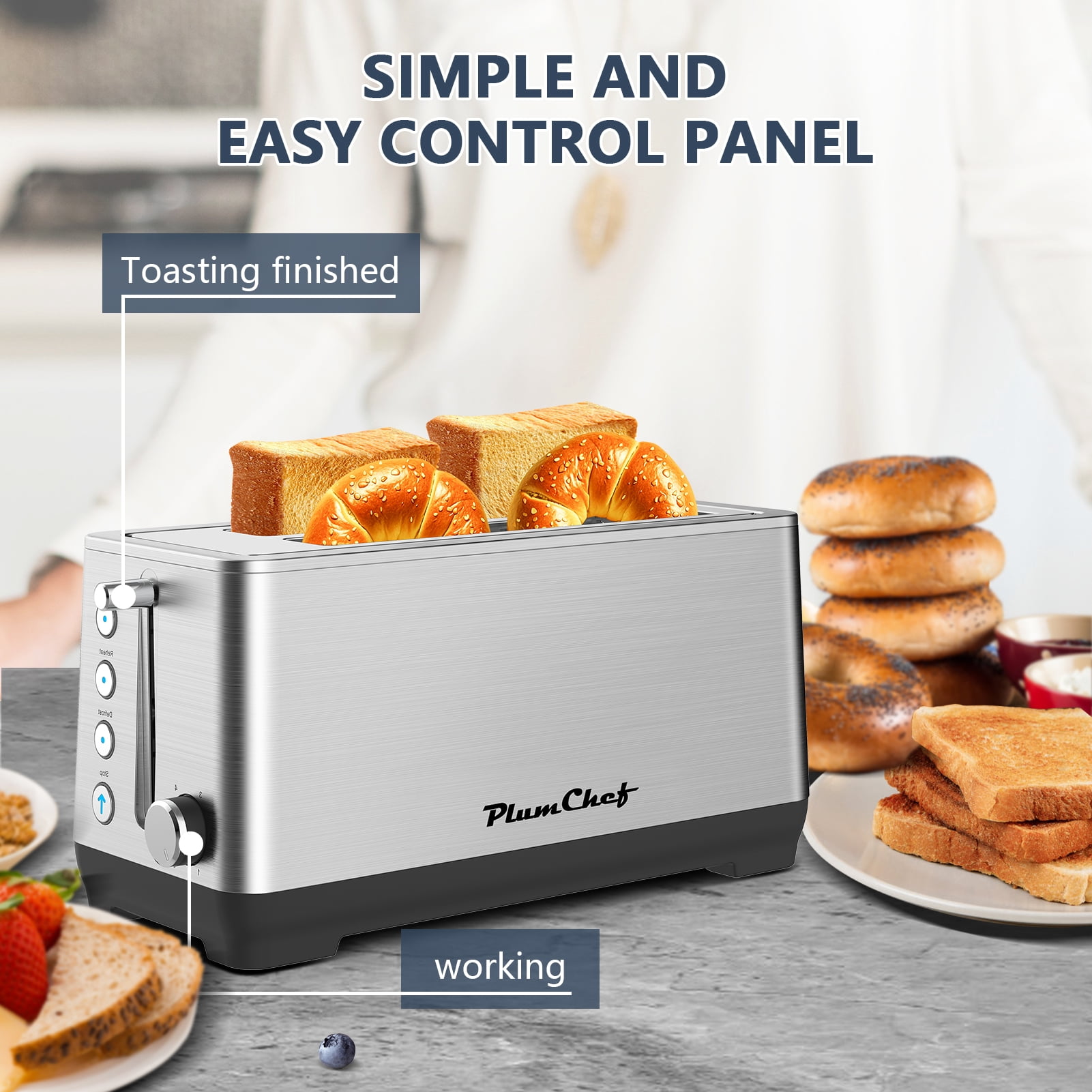 4-Slice Toaster, Extra Wide Long Slot Toaster, 6 Browning Settings, Bagel/Defrost/Reheat Functions, Removable Crumb Tray, Stainless Steel Housing 1350W, Stainless Steel