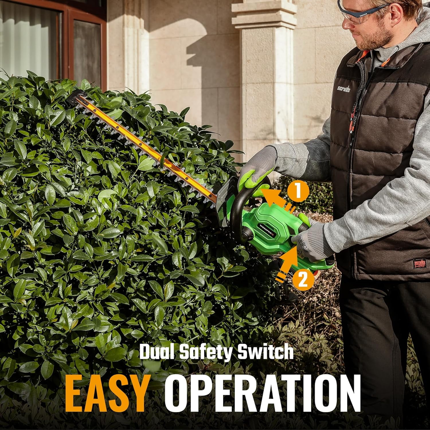 WORKPROX 20V Cordless Hedge Trimmer, 22" Dual Action Blade Electric Bush Shrub Trimmer, with Battery & Charging Cable