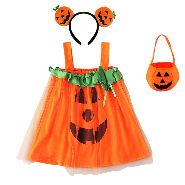 Disfraz de Halloween para niñas, conjunto de ropa, diadema, bolsa de calabaza, 2023