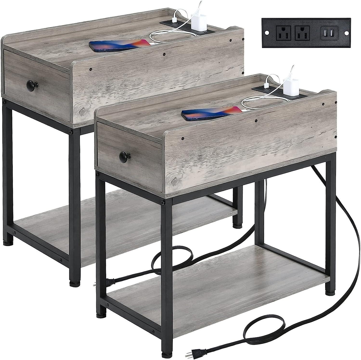 Narrow Side Table with Charging Station, Nightstands Set of 2 with