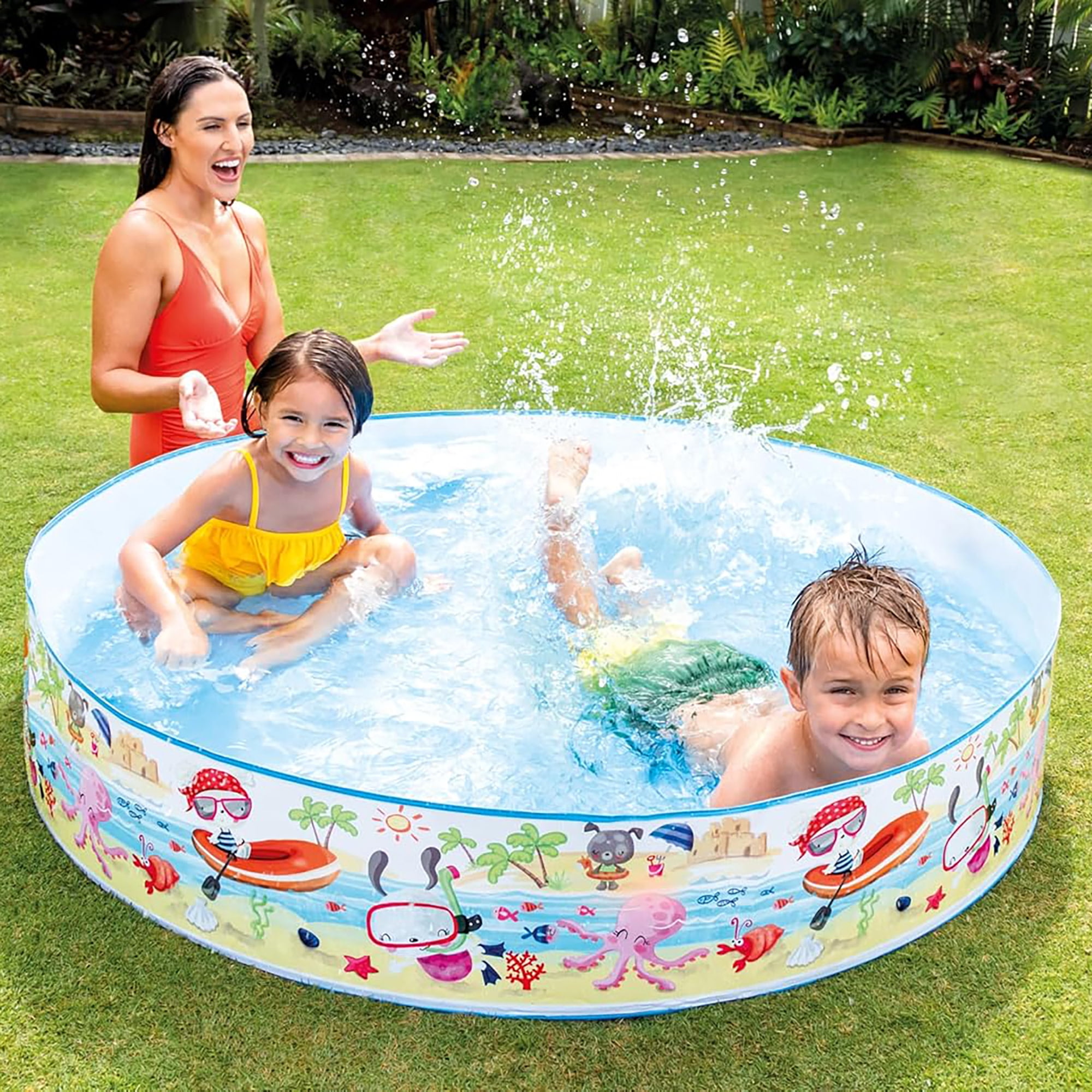 Intex: Snapset Pool: Fun At The Beach - 5'x10", Snorkel Buddies Pattern, Water Splash Kiddie Pool, Outdoor & Backyard, Pop-Up Walls, Kids Ages 3+