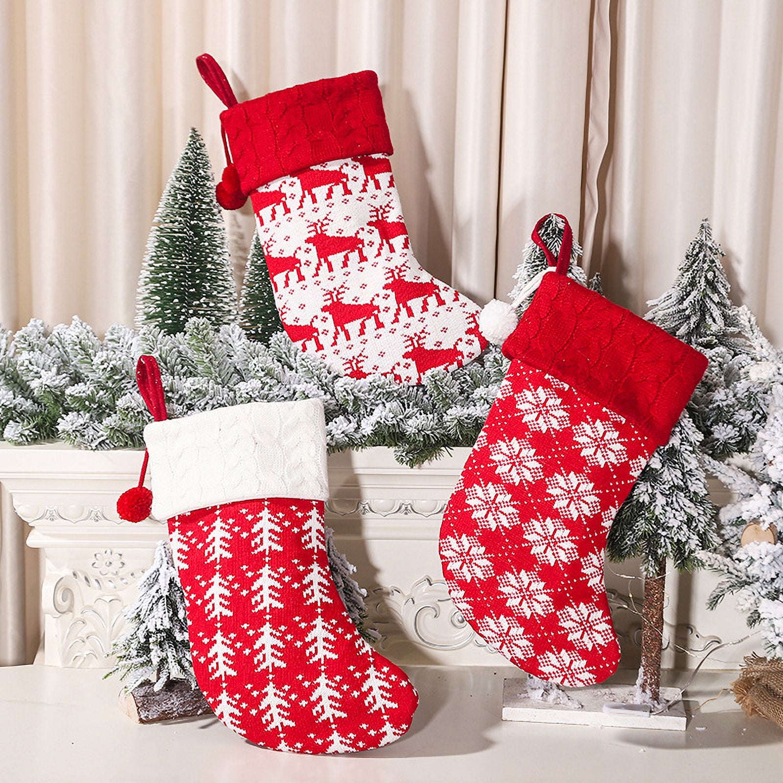Zhuge 3Pcs Christmas Stockings Personalized Cable Knitted Stocking 15.35 Inches Small Set Classic Art Decor Stuffers Gifts for Family Holiday Party Fireplace Hanging Xmas Decor，B
