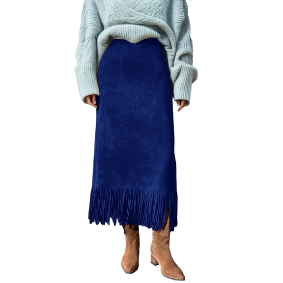 QHFBli Women's Fringe Trim Suede Skirt High Waisted Pencil Dressy Fall Winter Midi Long Skirt