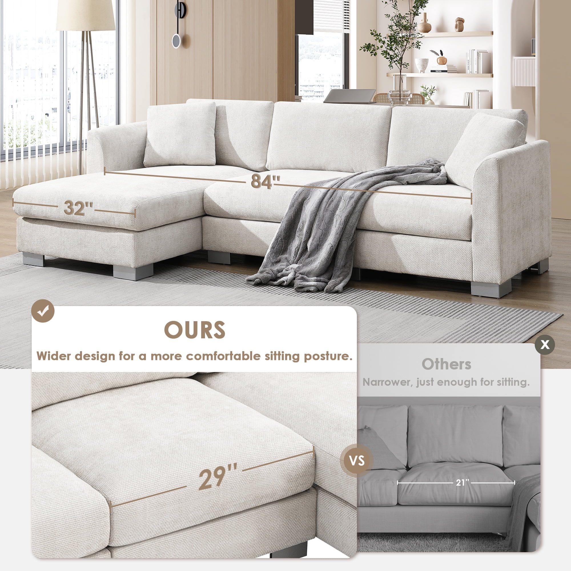 MAYEERTY 96x56" Modern Cloud Sectional Sofa - L-Shaped 4-Seat Chenille Couch with 2 Free Pillows/Oversized Chaise for Living Room/Apartment/Office, 3 Colors