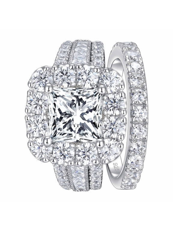 SHELOVES Vintage Style Princess Halo AAAAA CZ Wedding Engagement Ring Sets for Women 925 Sterling Silver Size 7