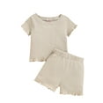 thumbnail image 1 of Qmyliery Little Girl's Two Pieces Clothes Outfit, Round Neck Short Sleeve Ribbed Solid Color T-Shirt + Shorts, 1 of 8