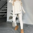thumbnail image 3 of MORTTIC Women's 2-Piece Set Crew Neck Long Sleeve Top with Side Slits and Slim Pants Solid Color Casual Outfit White，S, 3 of 11