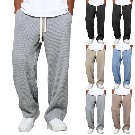 Waffle Men's Baggy Sweatpants Drawstring Waist Pants with Pockets,Straight Wide Cut,Exercise Gym Outdoor Daily Casual Wear,Gray,S