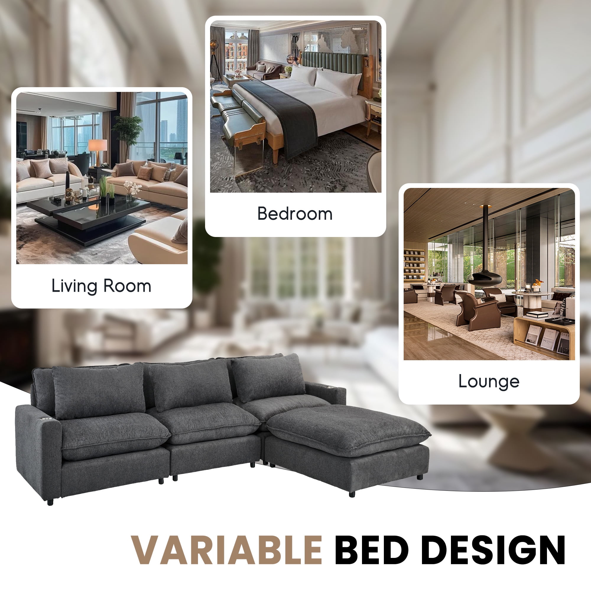 Aukfa 128" Modular Sectional Sofa with Cup Holders, Chenille L Shaped Couch with Convertible Chaise, Dark Gray