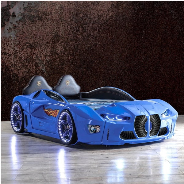 GTM Twin Race Car Bed for Kids with LED Headlights, Sound FX, Remote Control and Realistic Design, Sturdy and Fun Sleep Solution
