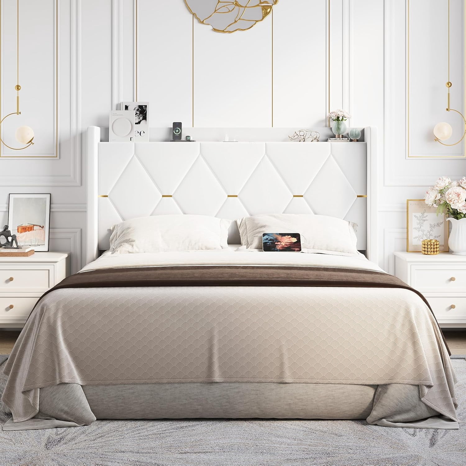 Allewie Velvet Full Upholstered Bed Frame with Wingback Storage Headboard & Charging Station, Platform Bed with Diamond Tufted Design & Gold Trim, No Box Spring Needed, Easy Assembly, White