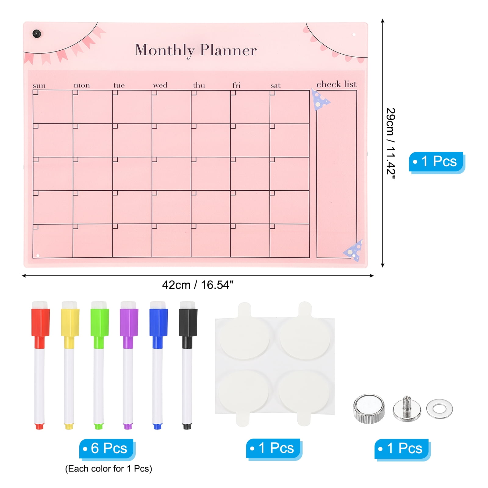 Uxcell Acrylic Magnetic Calendar for Fridge 16"x12", Weekly with Markers, Deep Pink