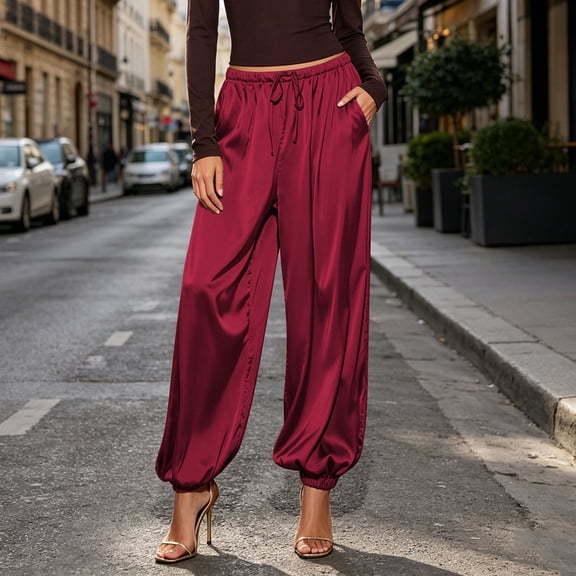 Ynynloco Women's Satin High Waist Cargo Joggers Pants Dressy Casual Lightweight Silky Elastic Waist Trousers with Pockets