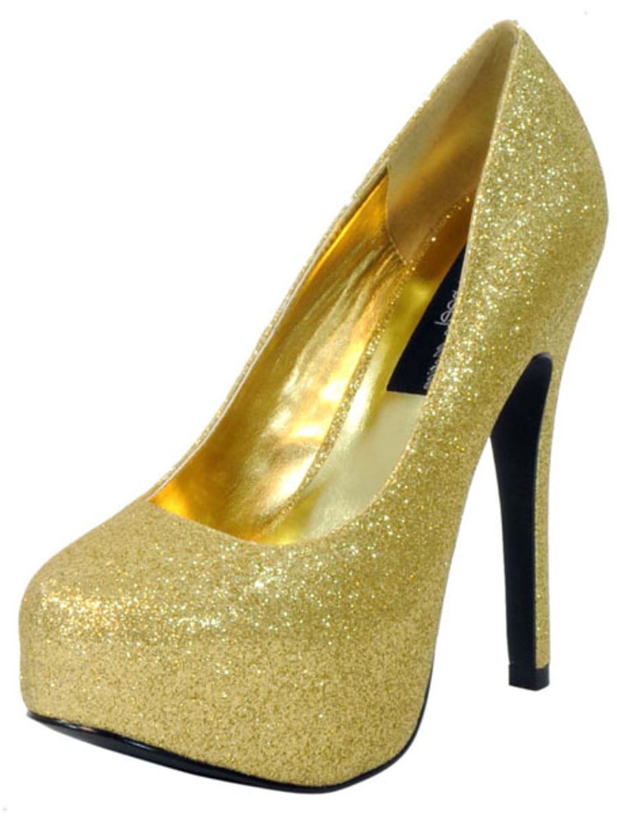 Women's Highest Heel Shoes 5 1/2" Covered Platform Pump Gold Glitter