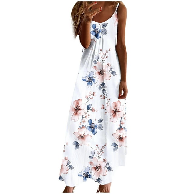 VEKDONE Robes d'Été pour Femmes Imprimé Floral Sans Manches Col Rond Robe d'Été Décontractée Longue Multicolore TG