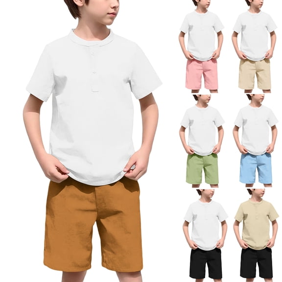 oelaio Boy's 2 Pieces Clothes Set Cotton Linen Summer Beach Outfits Short Sleeve Henley Shirts and Shorts Vacation Sets for Kids Green 9 Years