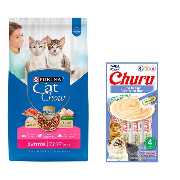Cat Chow Gatitos Pescado Carne y Leche Defense Plus 7.5 kg + Churu Atún Sobre con 4 Tubos de 14 g